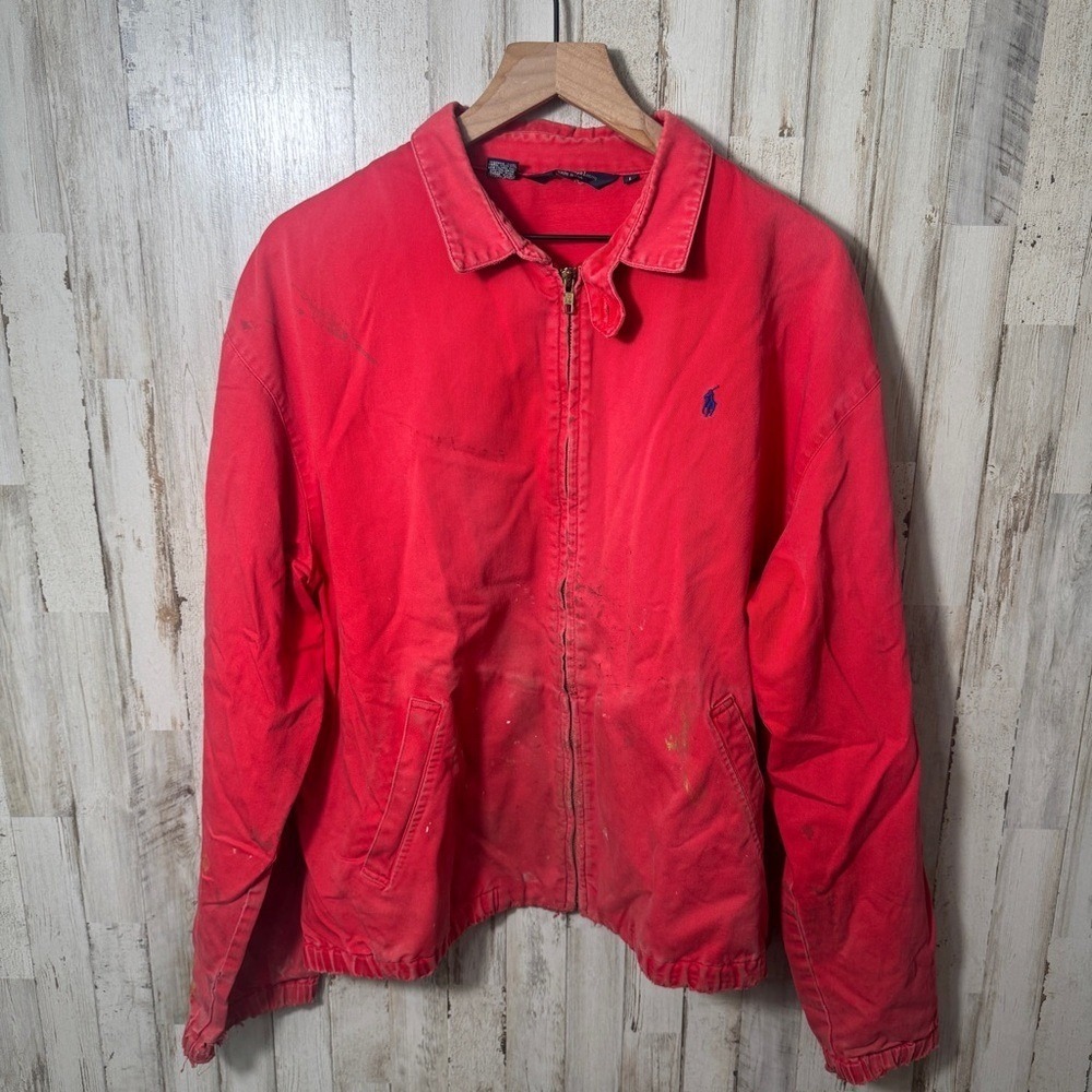 Vintage 90s Polo Ralph Lauren Red Painted Thrashed Zip Harrington Jacket Mens Lg